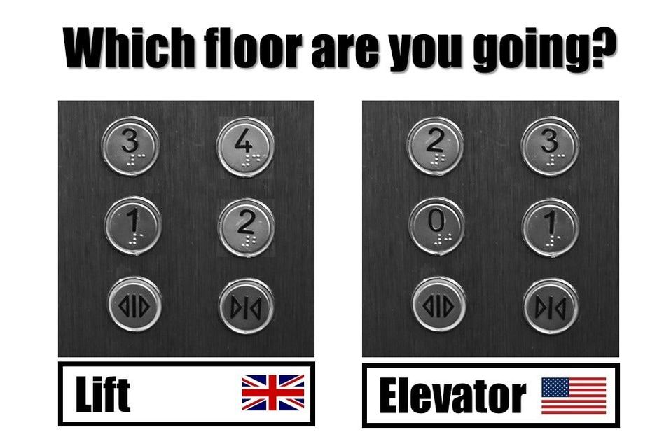 Cultural difference: Lift vs elevator, first floor vs ground floor
